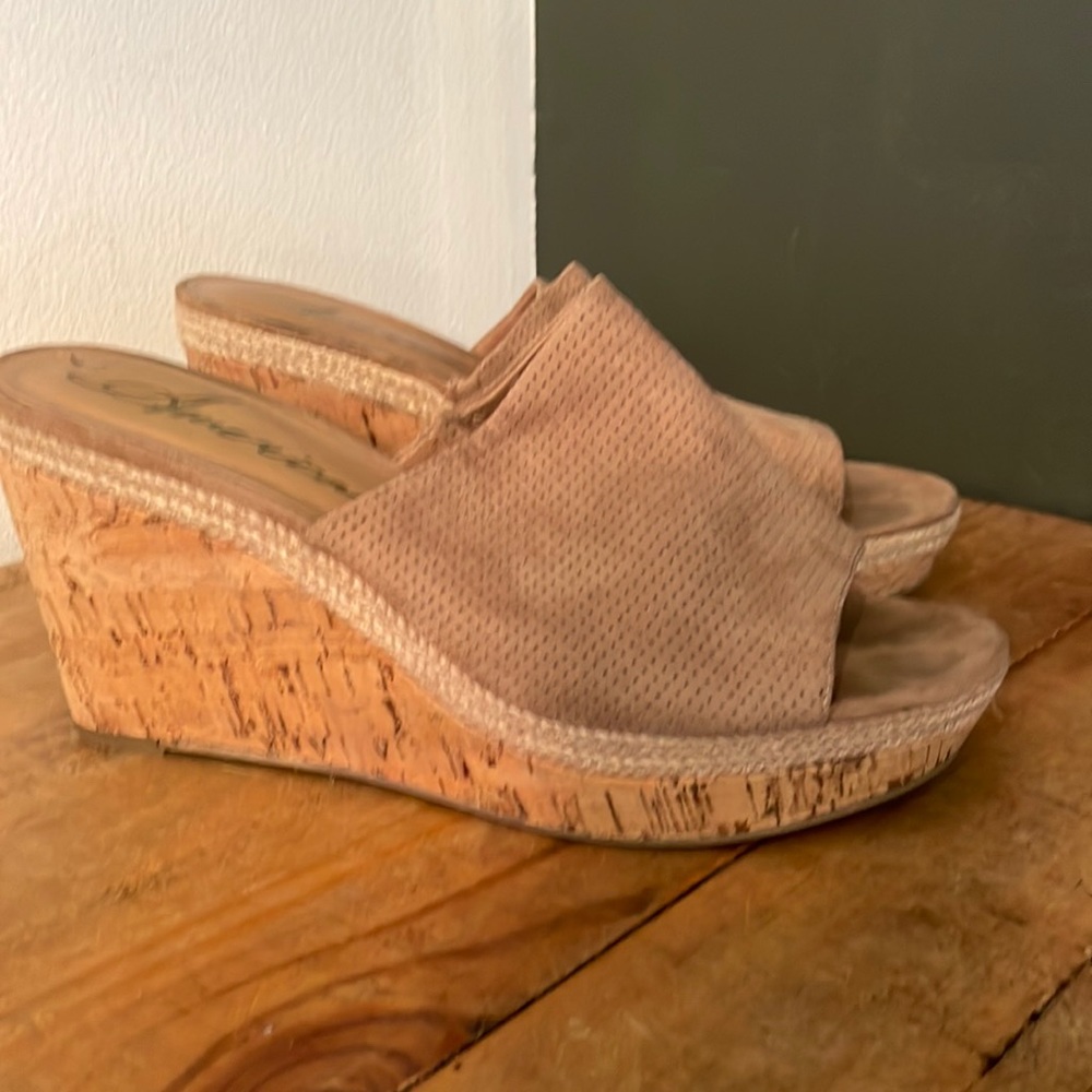 AMERICAN RAG- Nude Perforated Suede Cork Wedges - Size 10